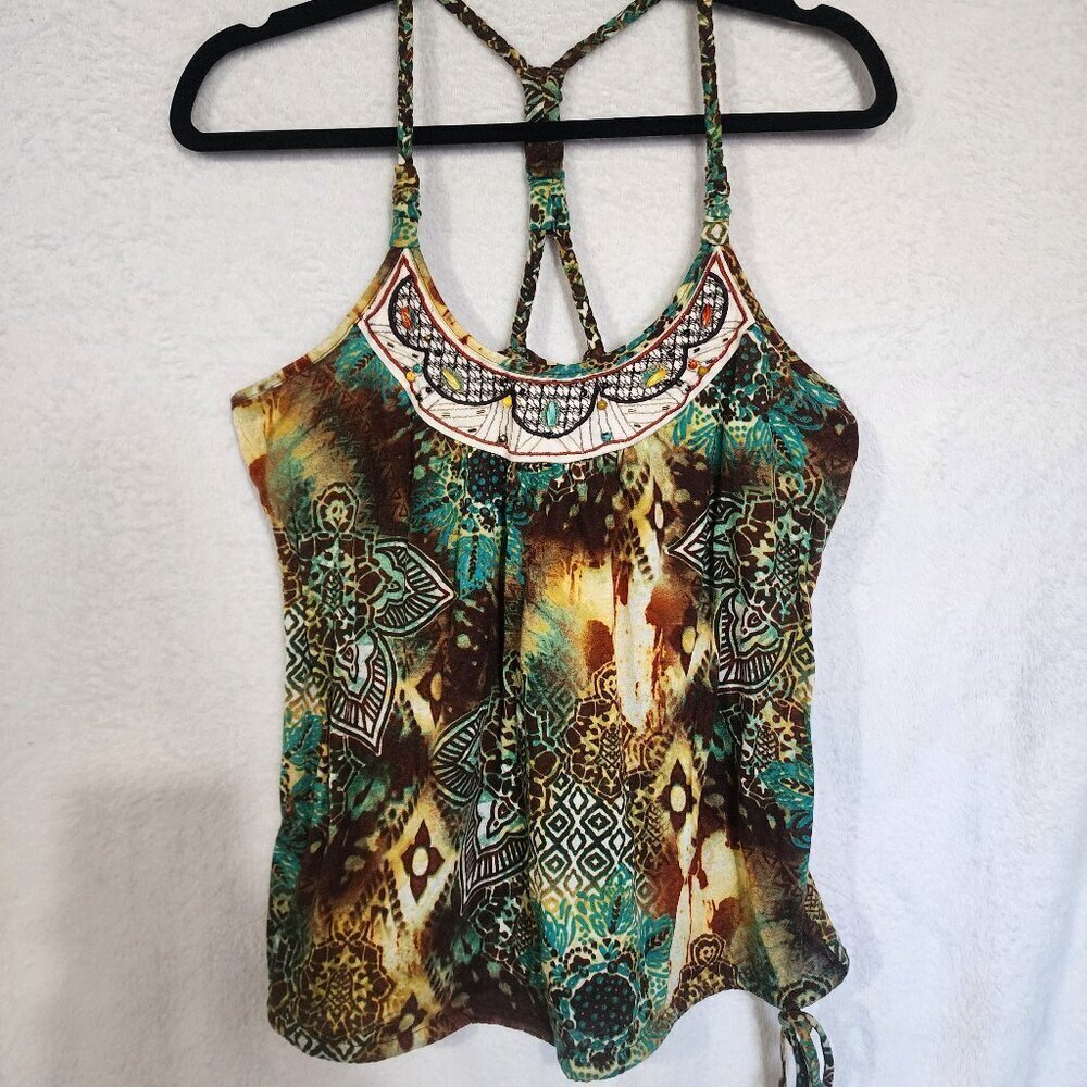VTG Y2K Beaded Halter Embroidered SZ L Boho Festival Fairy Wst Tie Whimsy Gypsy